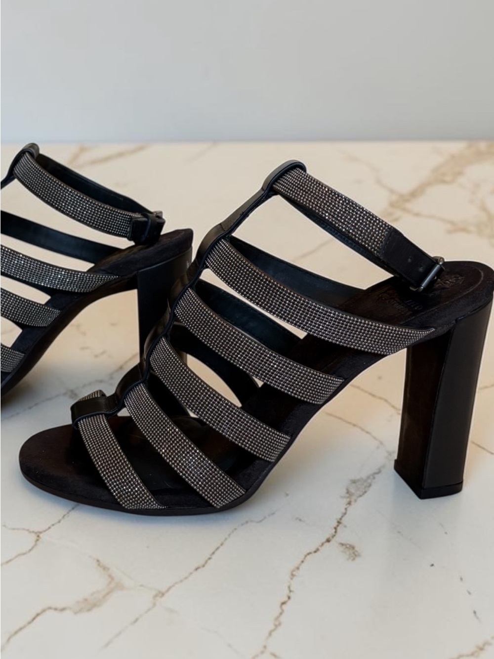 BRUNELLO CUCINELLI Strappy Black High Heel Mule Sandals, leather & monili.
